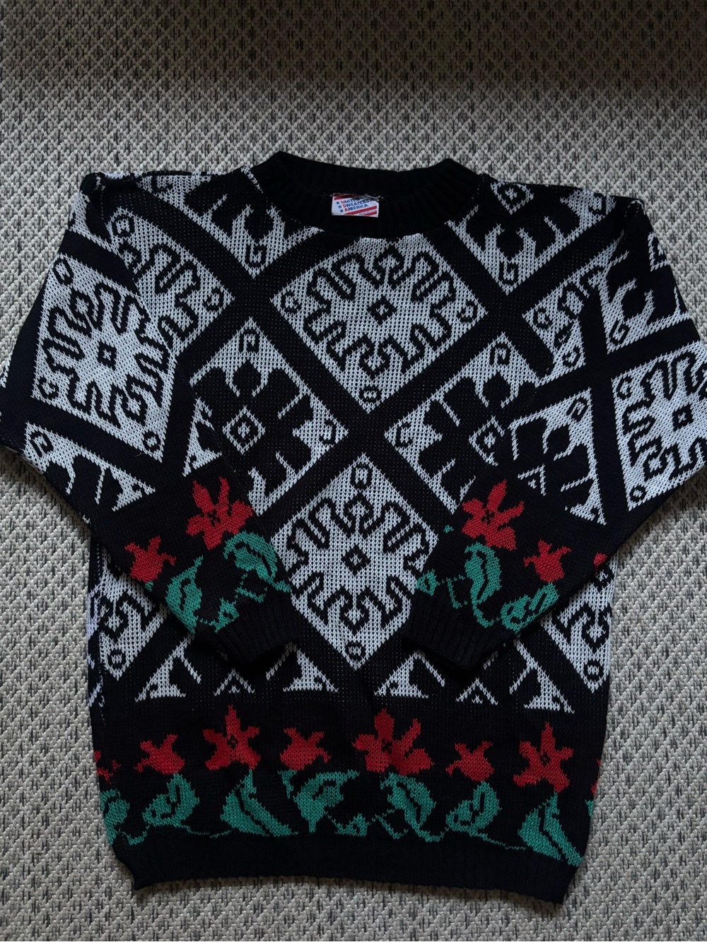 Vintage United Sweaters of America Black Knit Floral Geometric Sweater